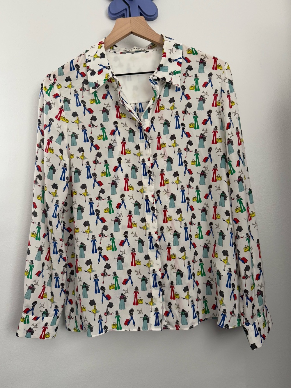 Alice Olivia Large Willa Passport Stace Print Silk Blouse White Colorful Office - Picture 2 of 8